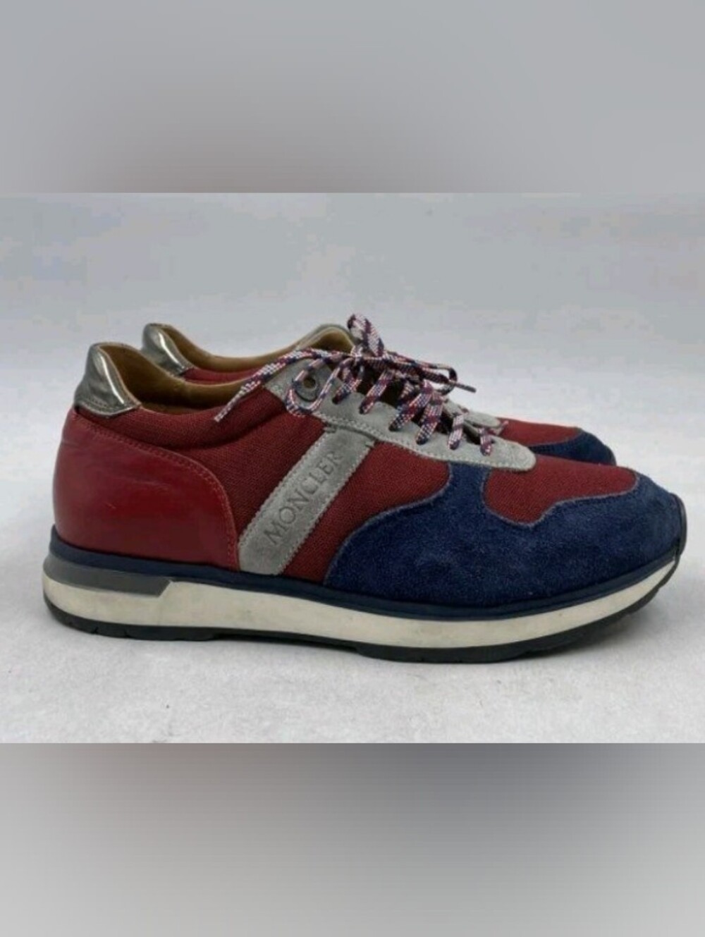 Moncler Horace Tricolor Burgundy/Navy/Gray Suede-Trim Sneakers Men's Sz 40